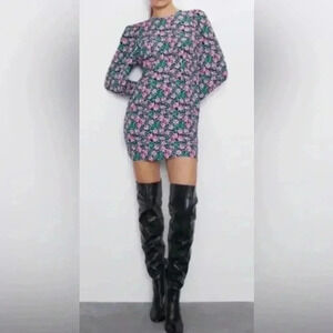 Zara Womens Mini Dress Rose Print Floral Green Black Pink Long Sleeve Small